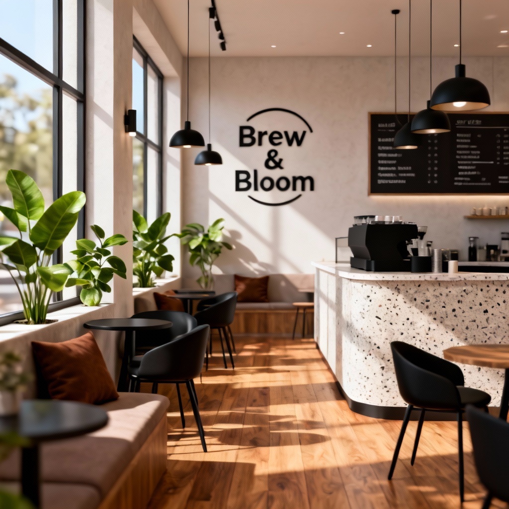 AI-generated modern coffee shop interior with logo wall and menu board