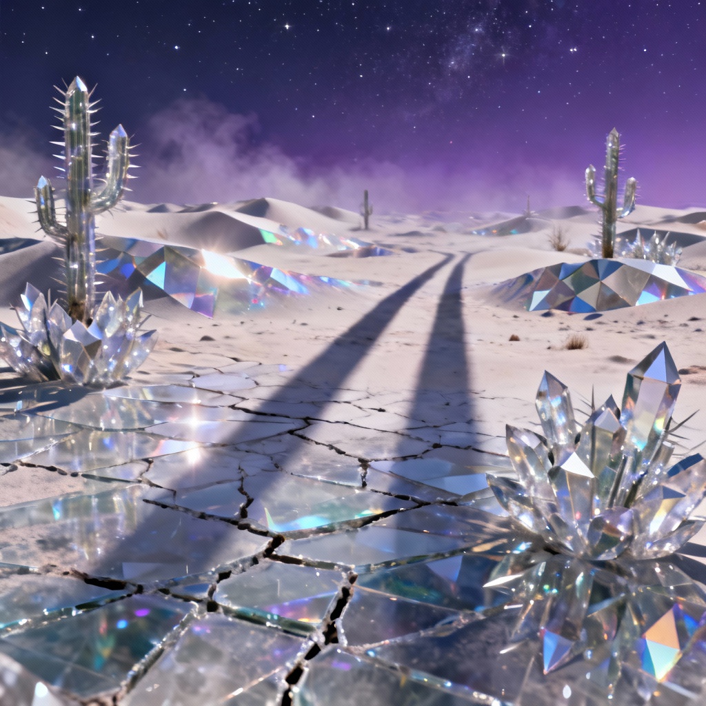 Shimmering crystal desert lit by two suns with long shadows