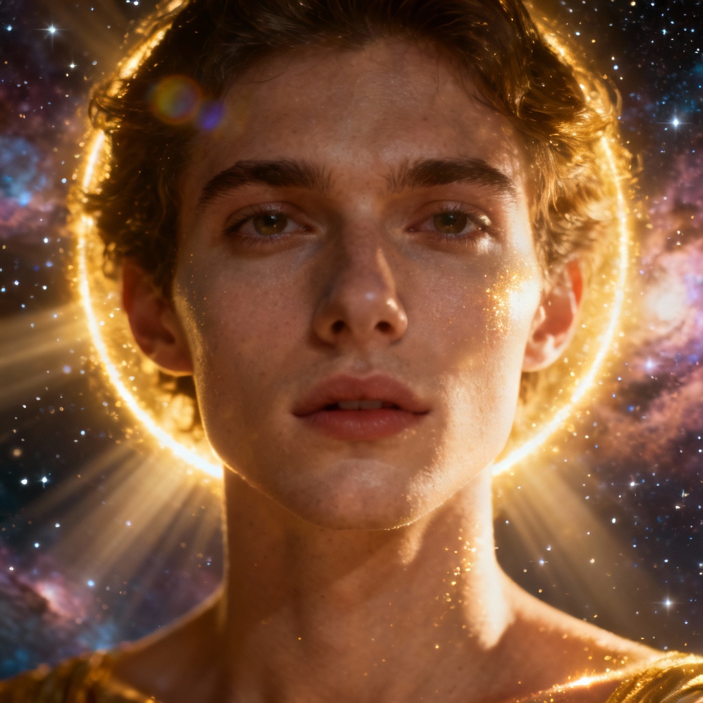 AI celestial aura glowing golden halo portrait
