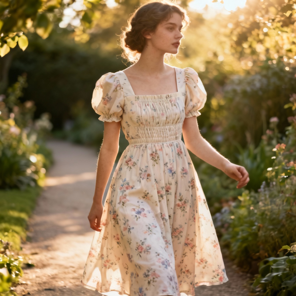 AI cottagecore floral midi romantic dress