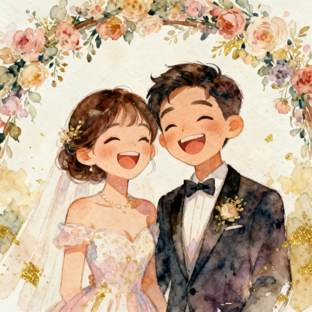 AI watercolor wedding caricature of a couple