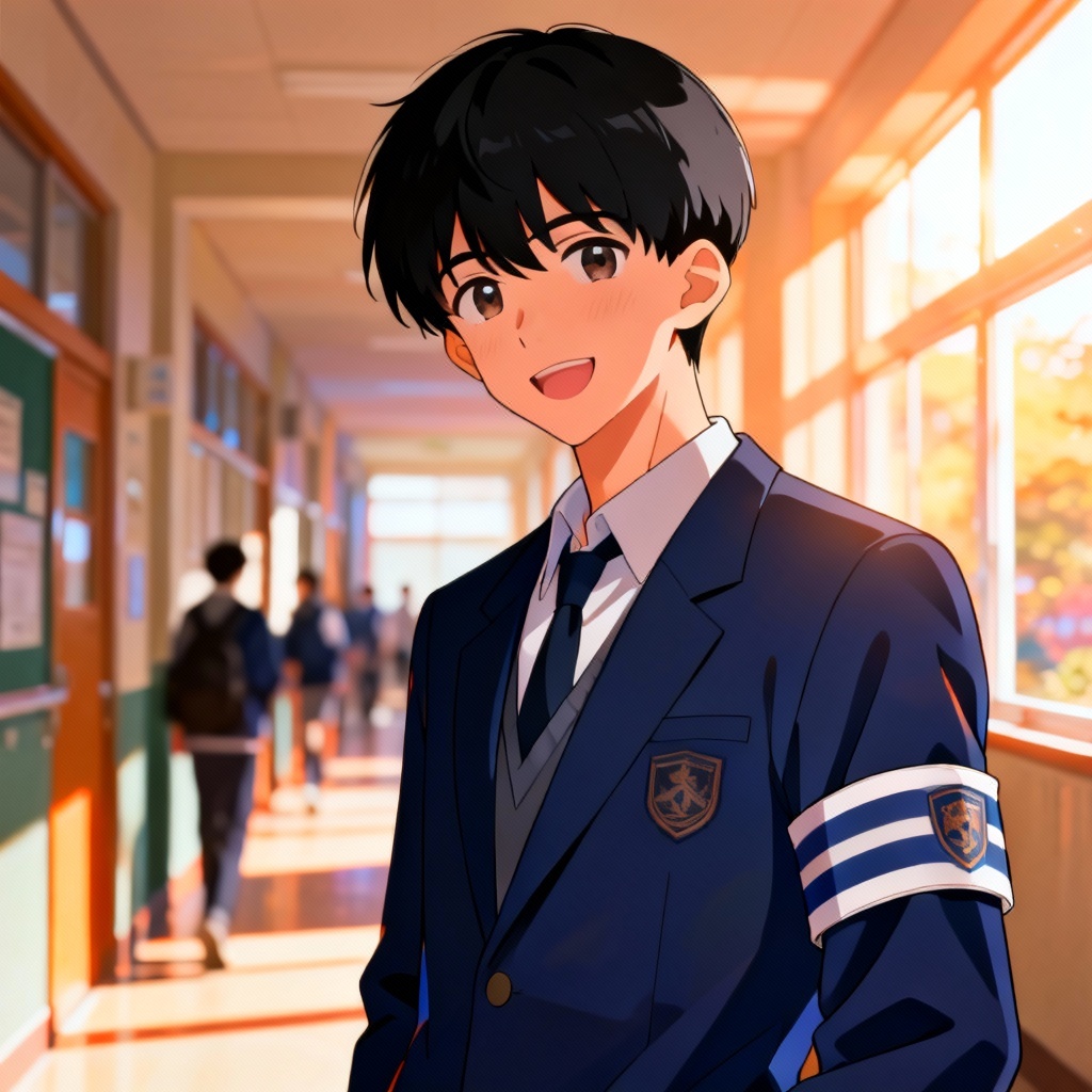 Anime school council president schoolboy in corridor