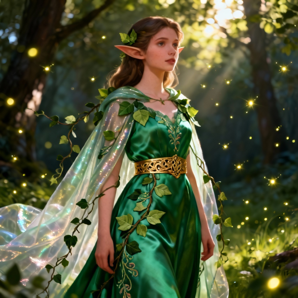 AI elven princess dress with leaf motifs and emerald silk