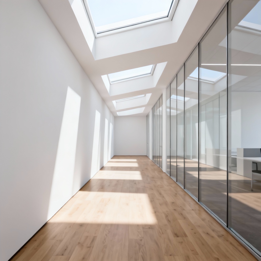 AI minimalist office corridor with glass walls