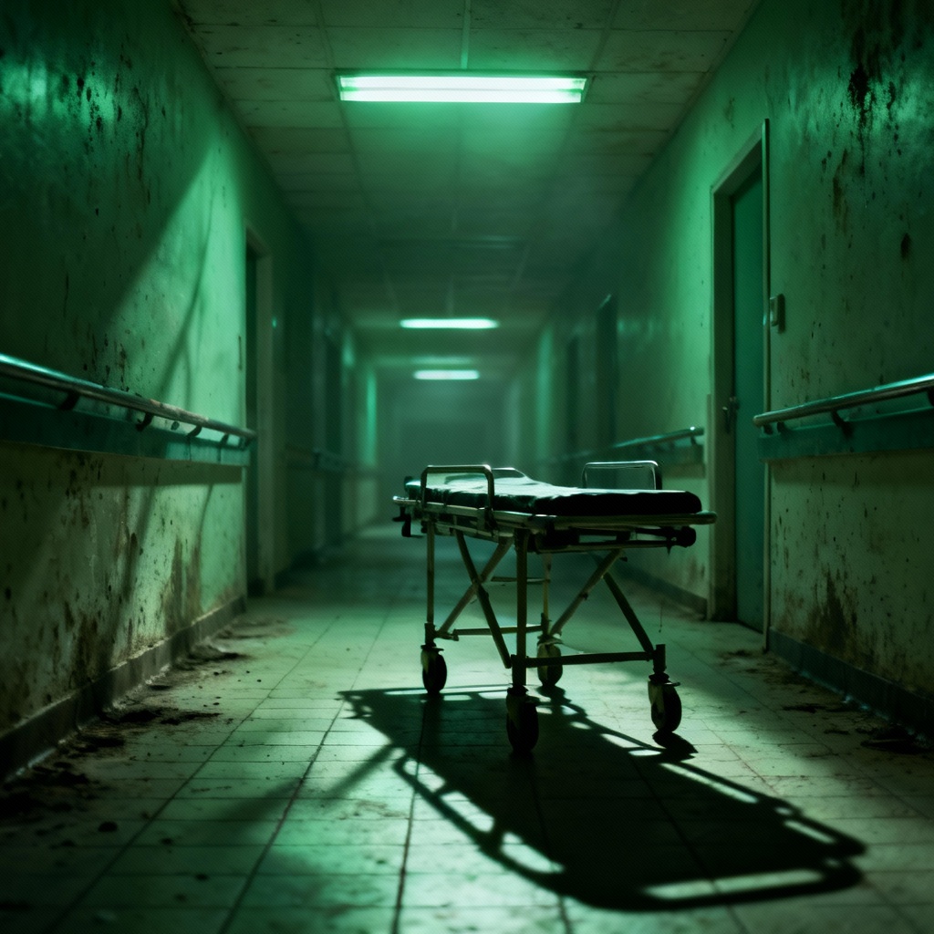 Abandoned hospital corridor with eerie tension