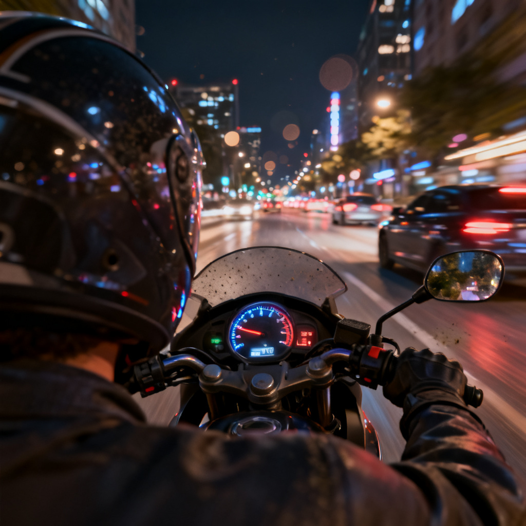 AI helmet cam motorcycle ride animation at night