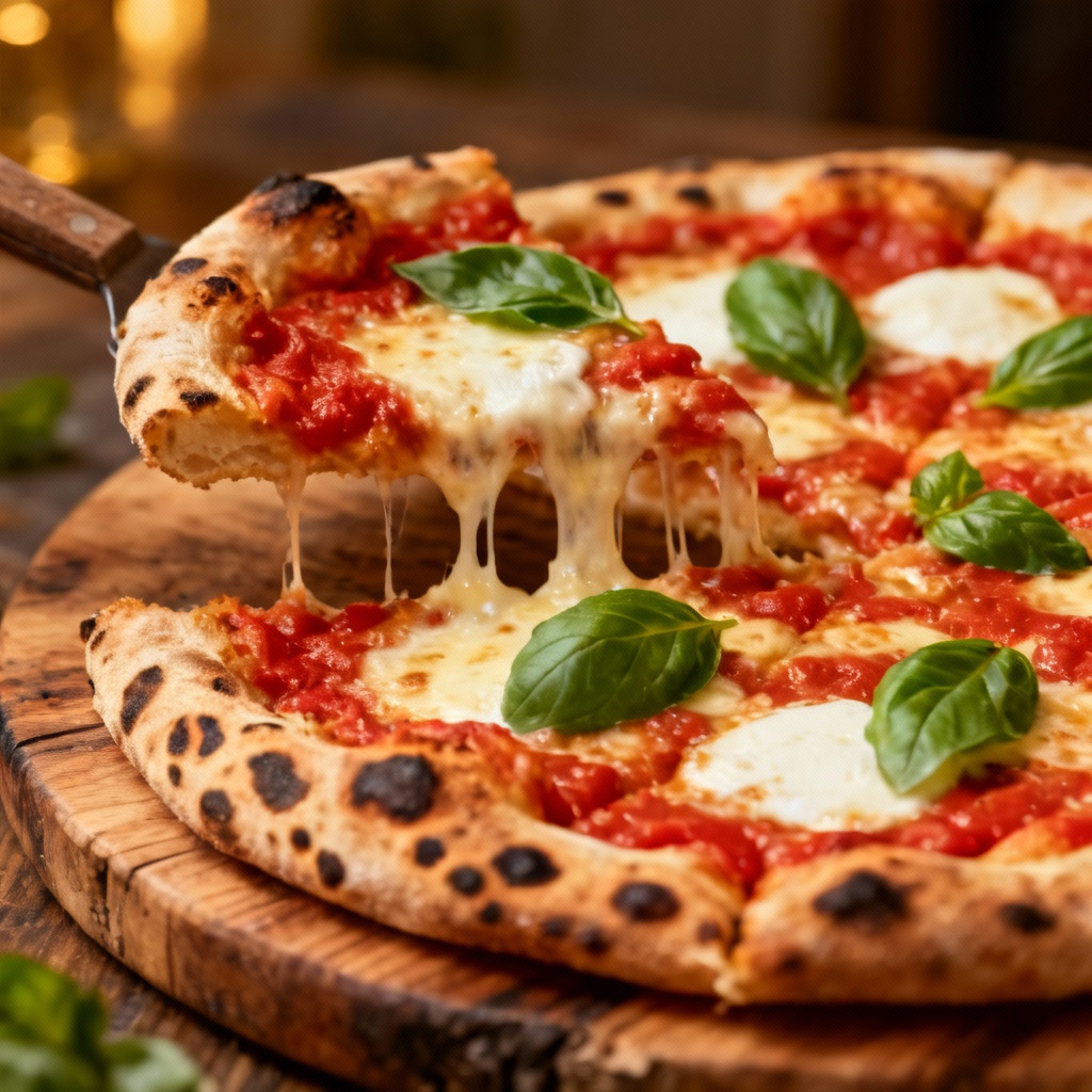 Photorealistic Neapolitan margherita pizza with cheese pull