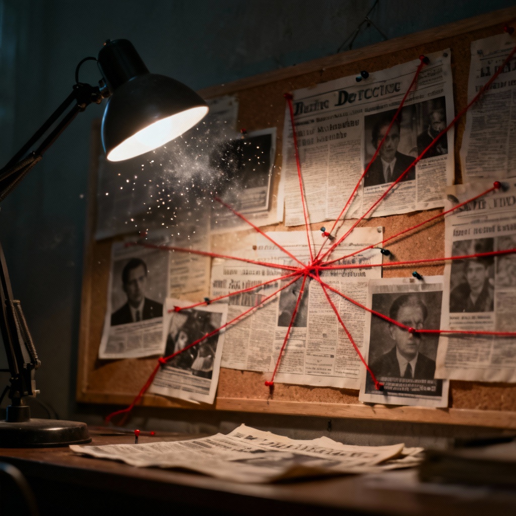 AI conspiracy board with red string and dramatic lighting