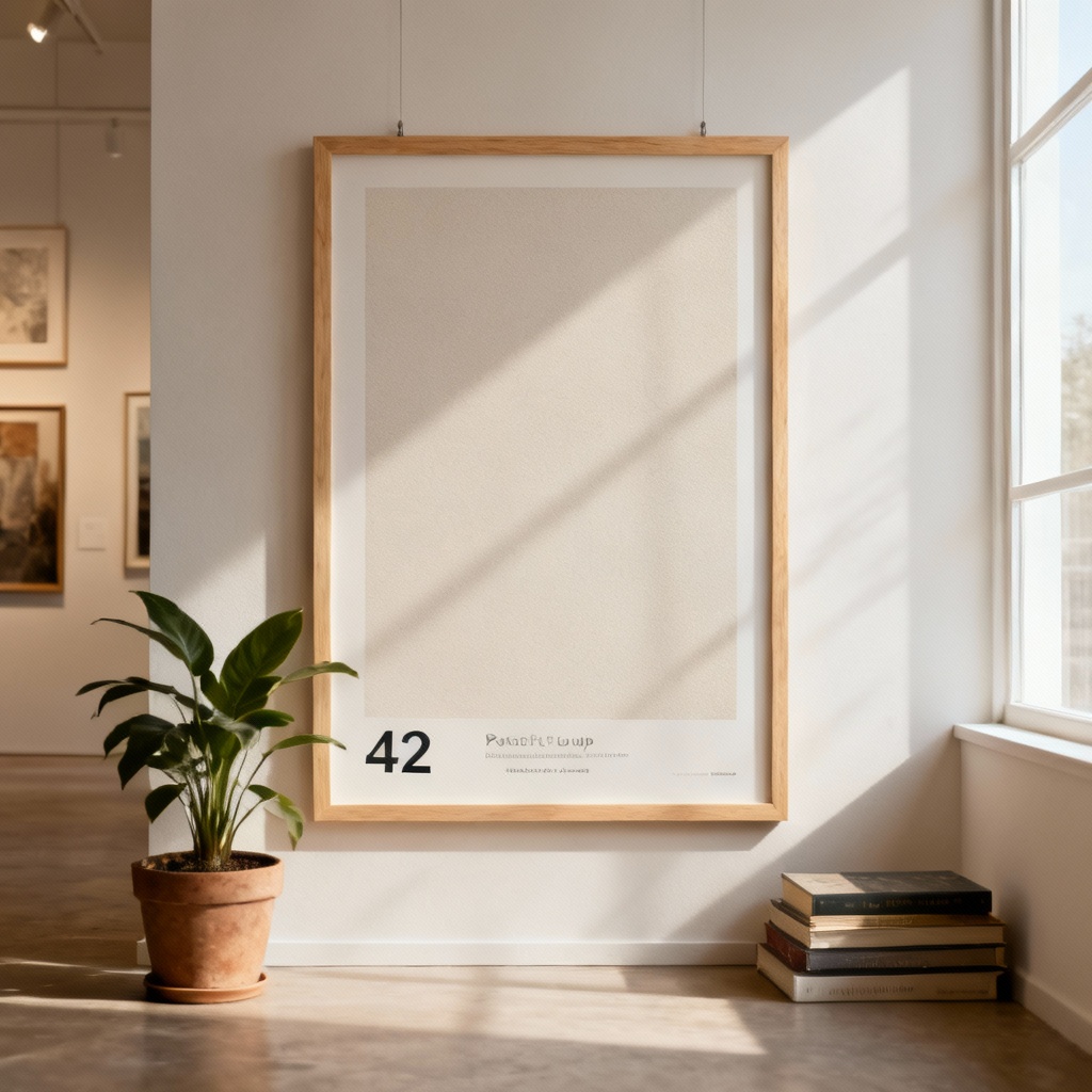 AI poster mockup in wooden frame on wall