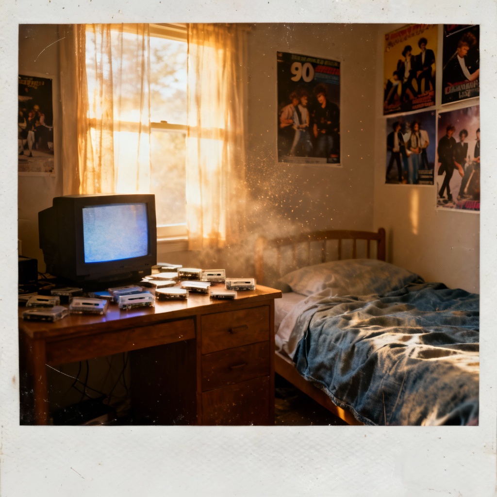 AI nostalgic instant camera style 90s bedroom snapshot