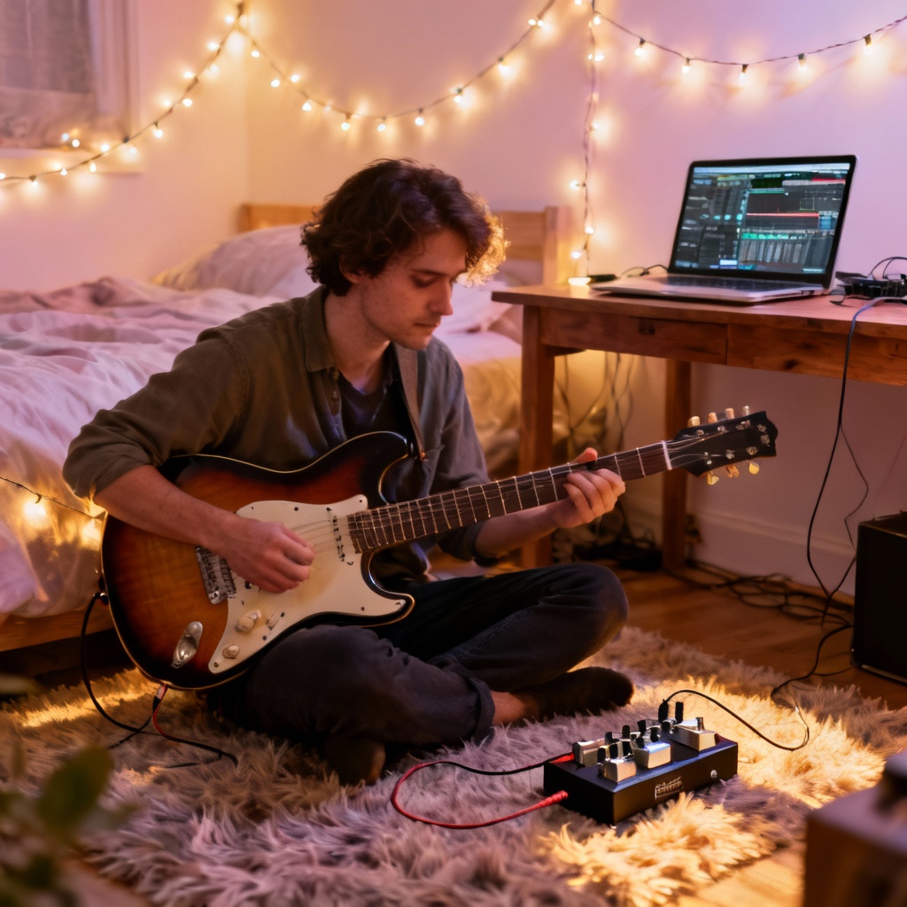 AI indie bedroom producer with guitar and pedalboard