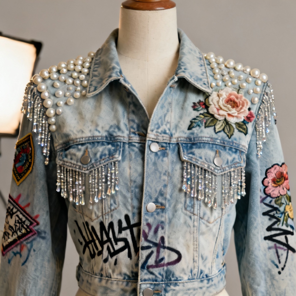 AI pearl embellished denim jacket design