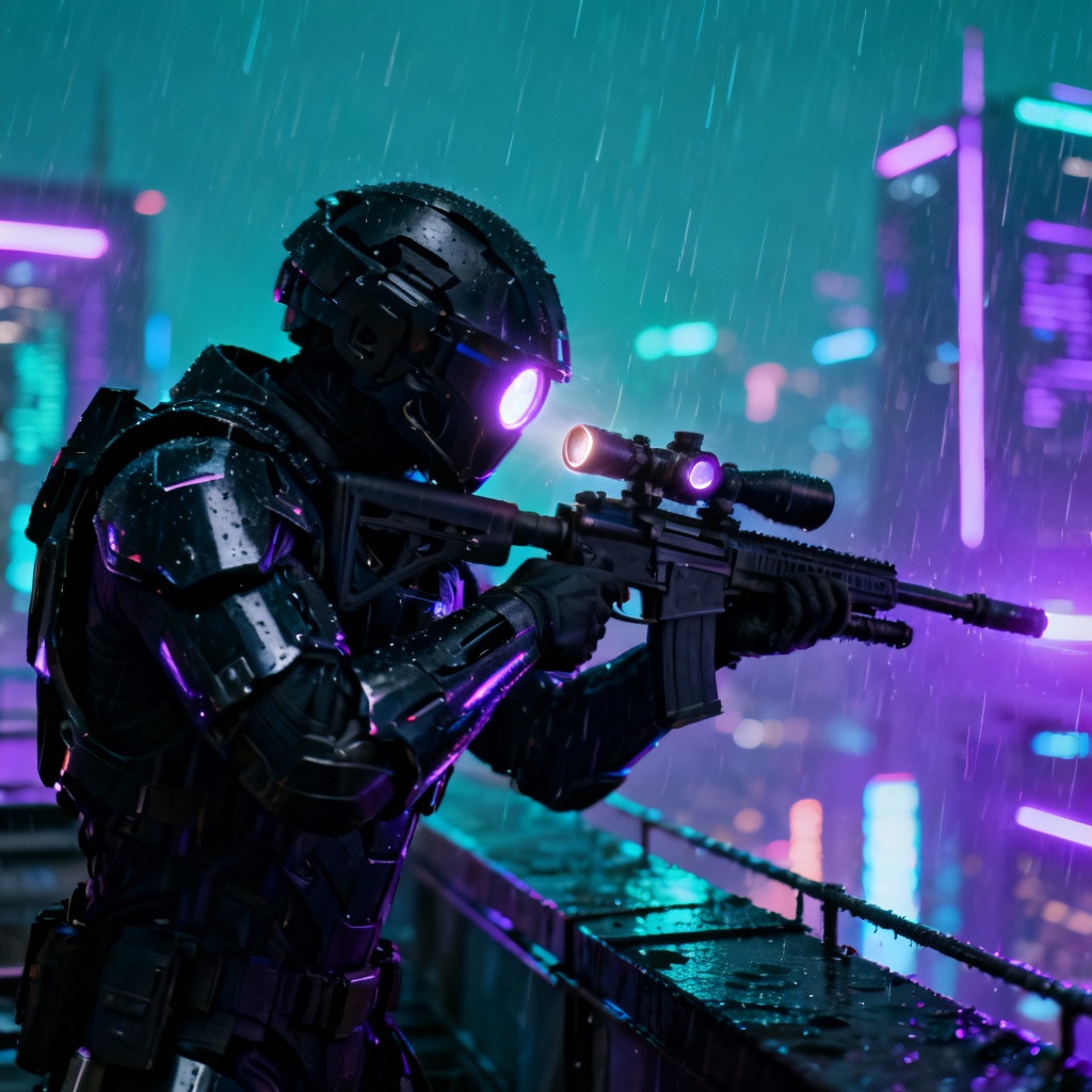 AI cyberpunk sniper overlooking city from rooftop