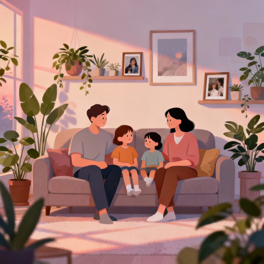 AI cartoon family in living room