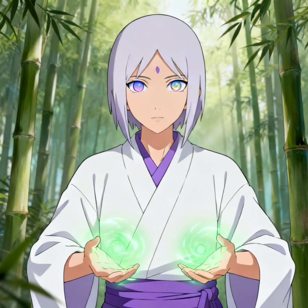 AI Naruto OC healer with activated Byakugan and healing chakra glow