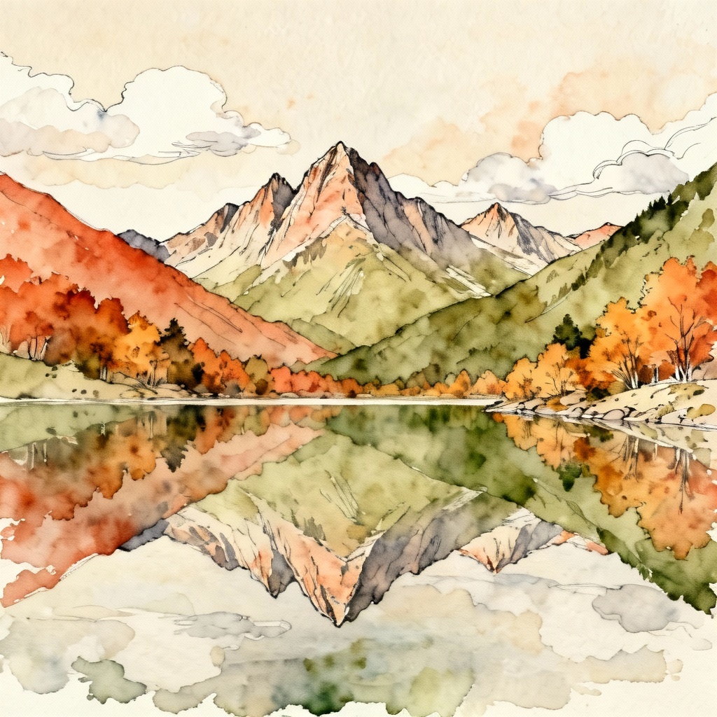 AI watercolor mountain lake with autumn trees