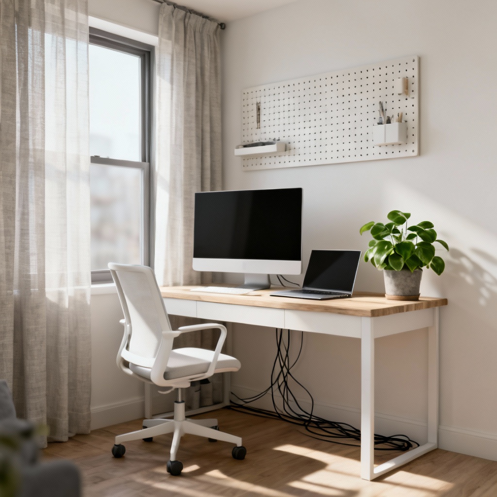 Minimal Scandinavian home office corner with desk, chair, and plants