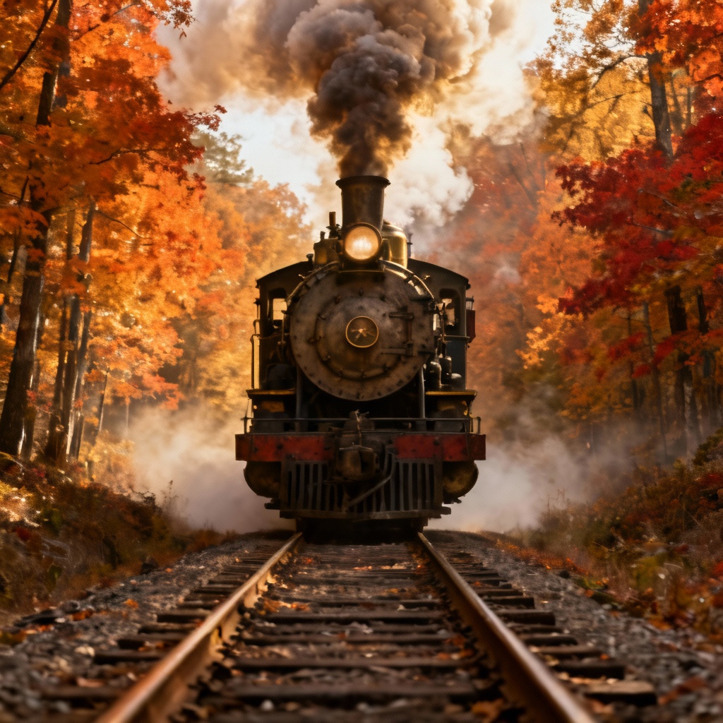 AI steam locomotive cab-view in autumn forest