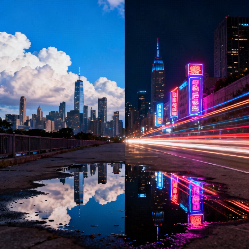AI day night cityscape split image