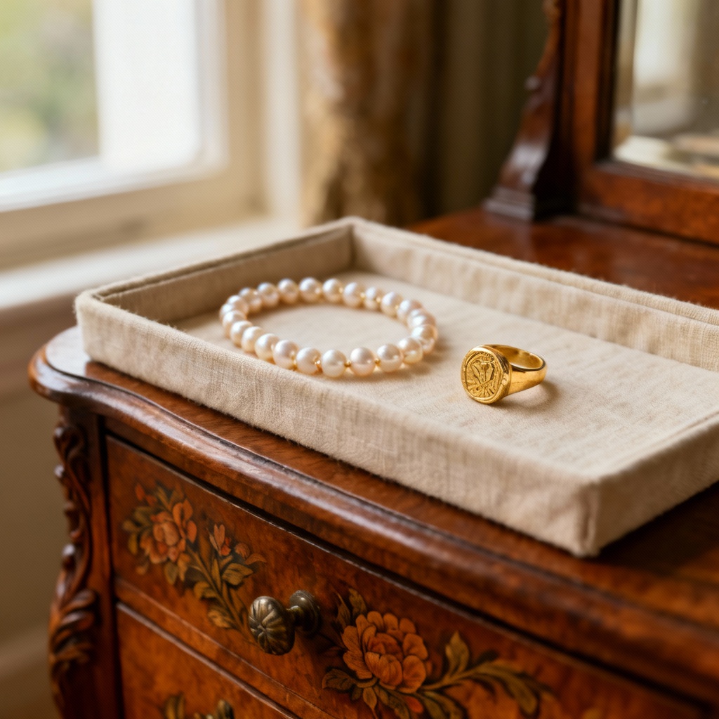 AI old money heirloom jewelry closeup with pearls and signet ring