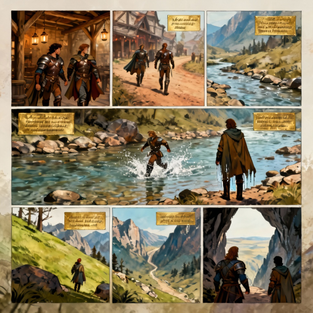 AI fantasy comic nine-panel grid with narrative captions