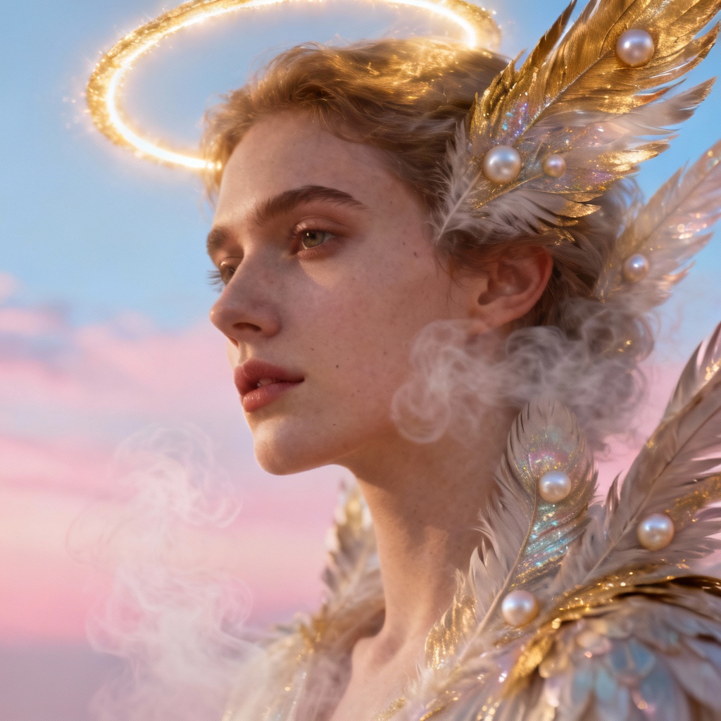 AI portrait with celestial feathered angel wings