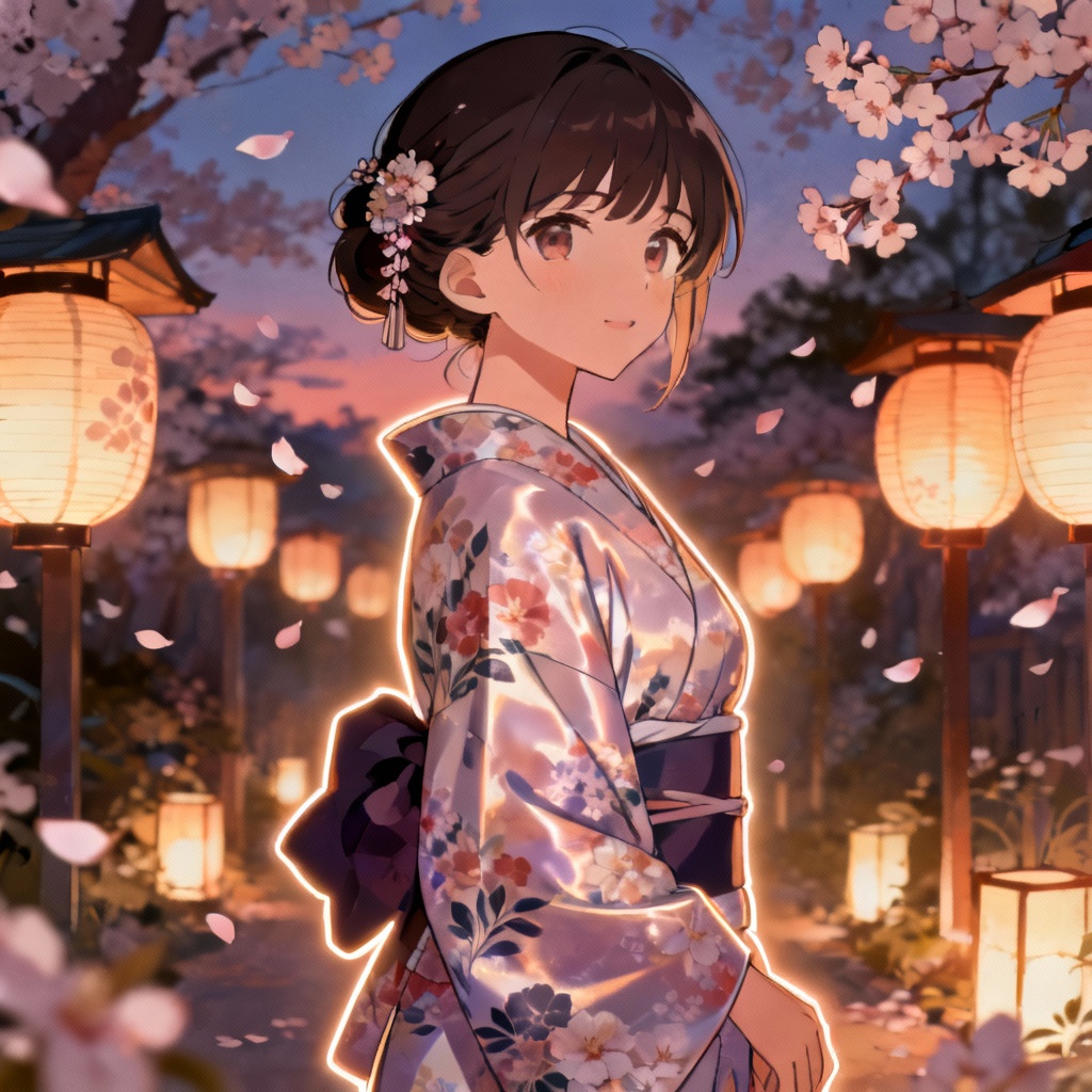 Anime waifu wearing floral kimono in a lantern garden