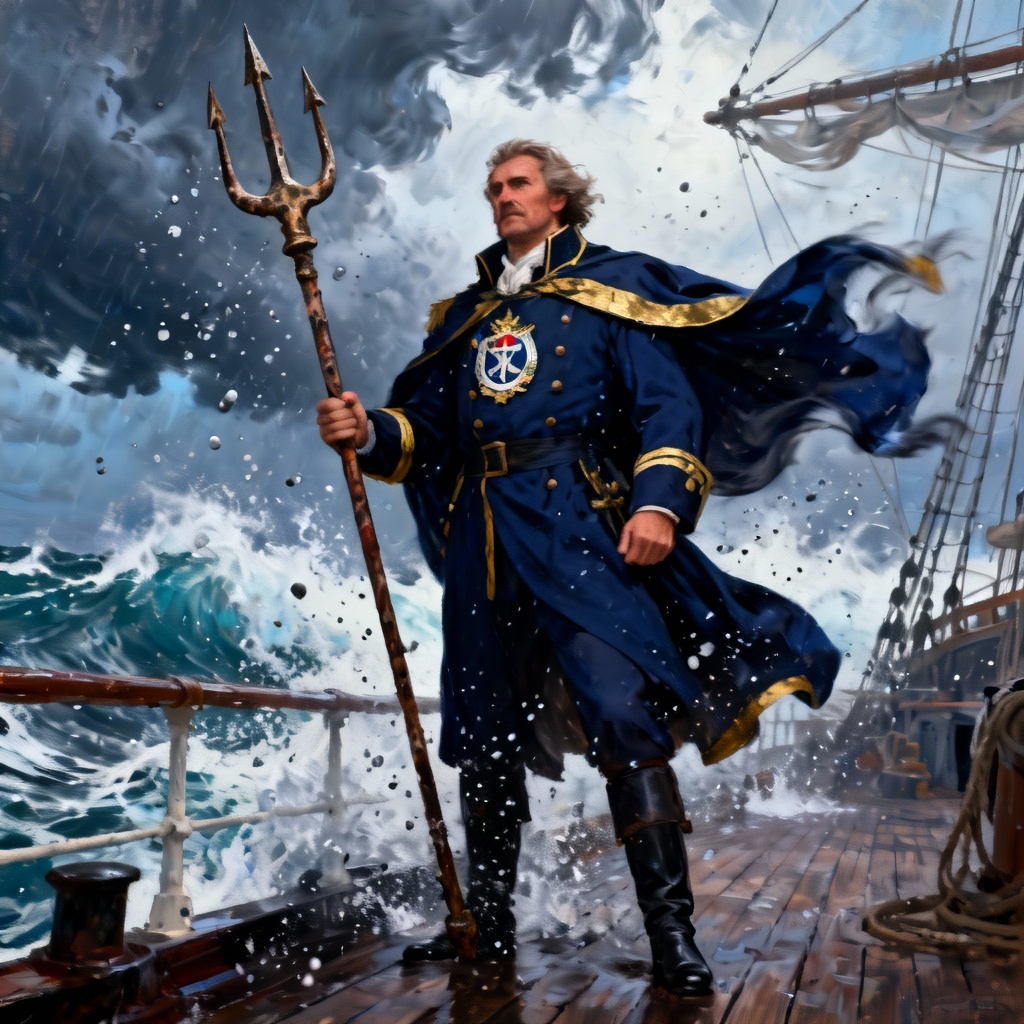Sea lord admiral in naval coat on stormy deck with trident