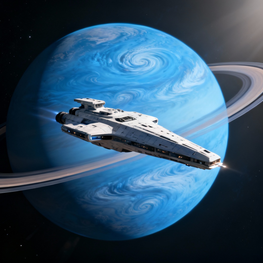 AI starship flying over cerulean gas giant