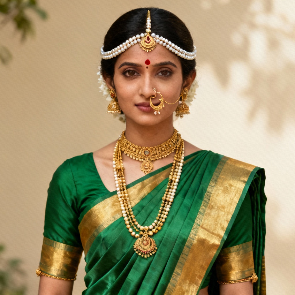 AI Maharashtrian nauvari saree bridal look with mundavalya and nath