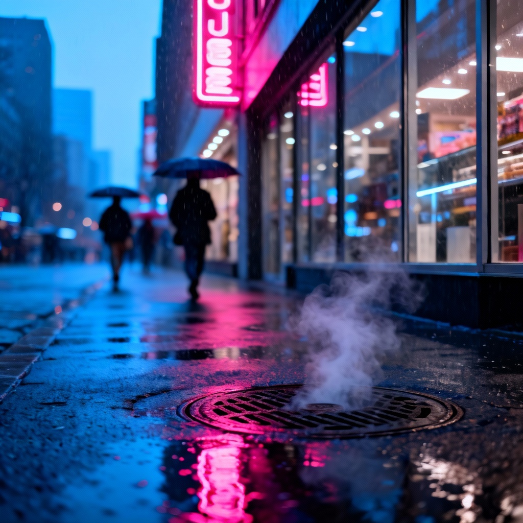 AI modern city street at night with neon reflections on wet pavement