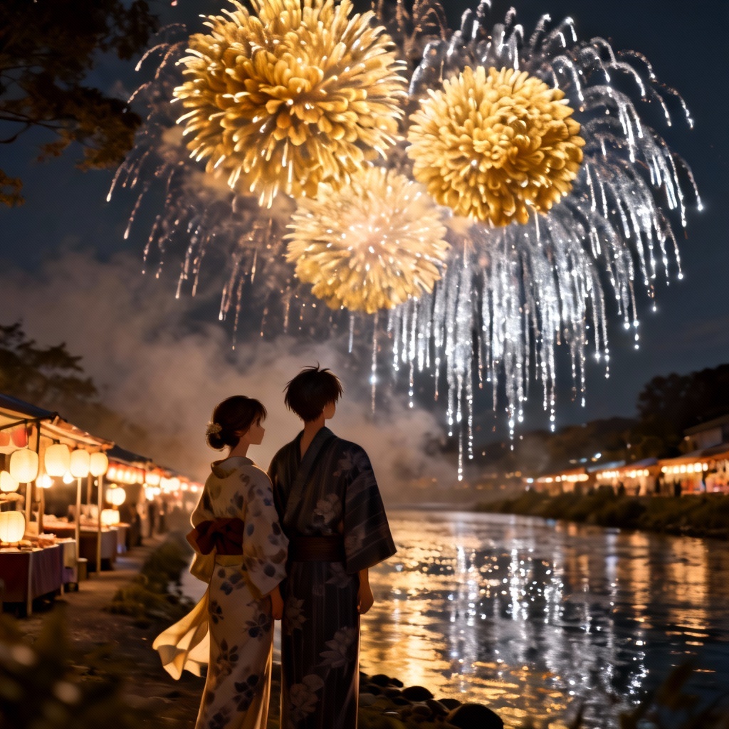 Yukata couple watching fireworks by the river