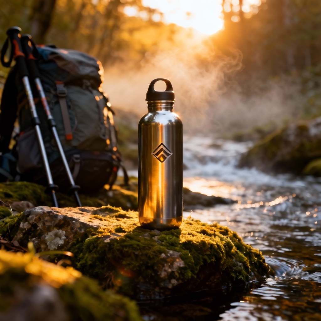 Lifestyle outdoor product photo of stainless water bottle on mossy rock