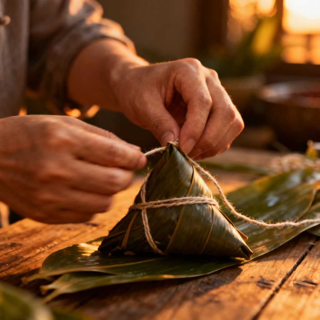 AI realistic hands wrapping zongzi with bamboo leaves