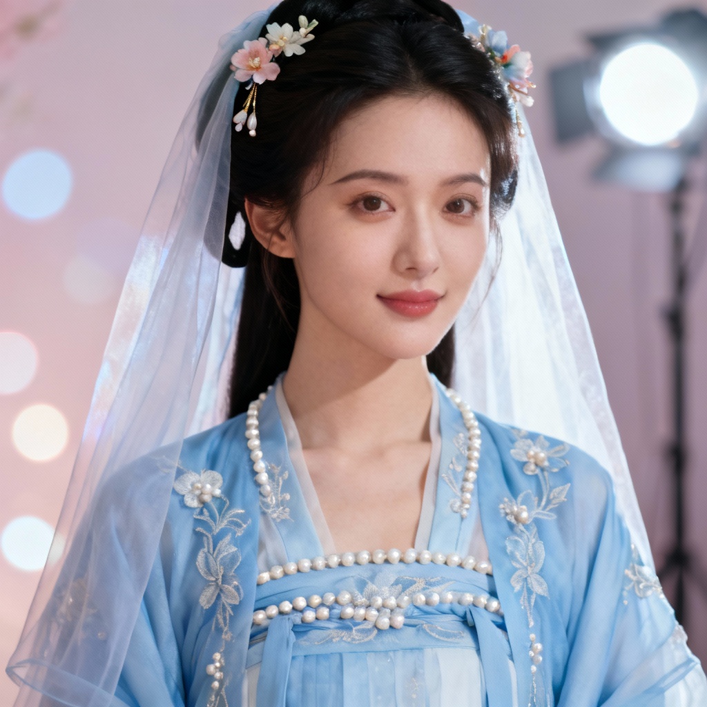 AI sky-blue hanfu bridal portrait with floral hairpins