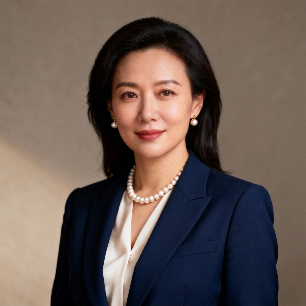 AI boss lady portrait with studio lighting and navy blazer
