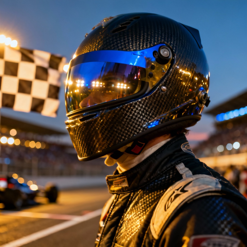 Potret sinematik pembalap di garis start dengan visor reflektif