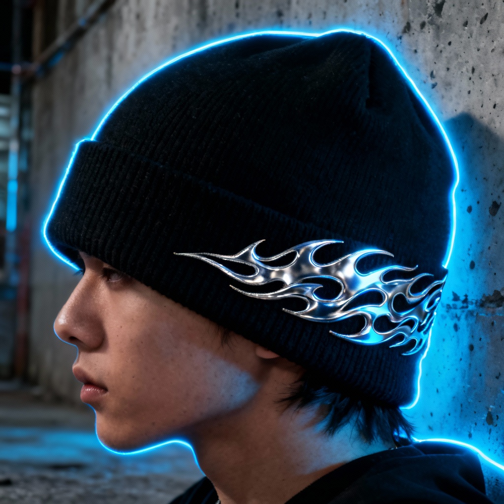 Y2K beanie with chrome tribal flames