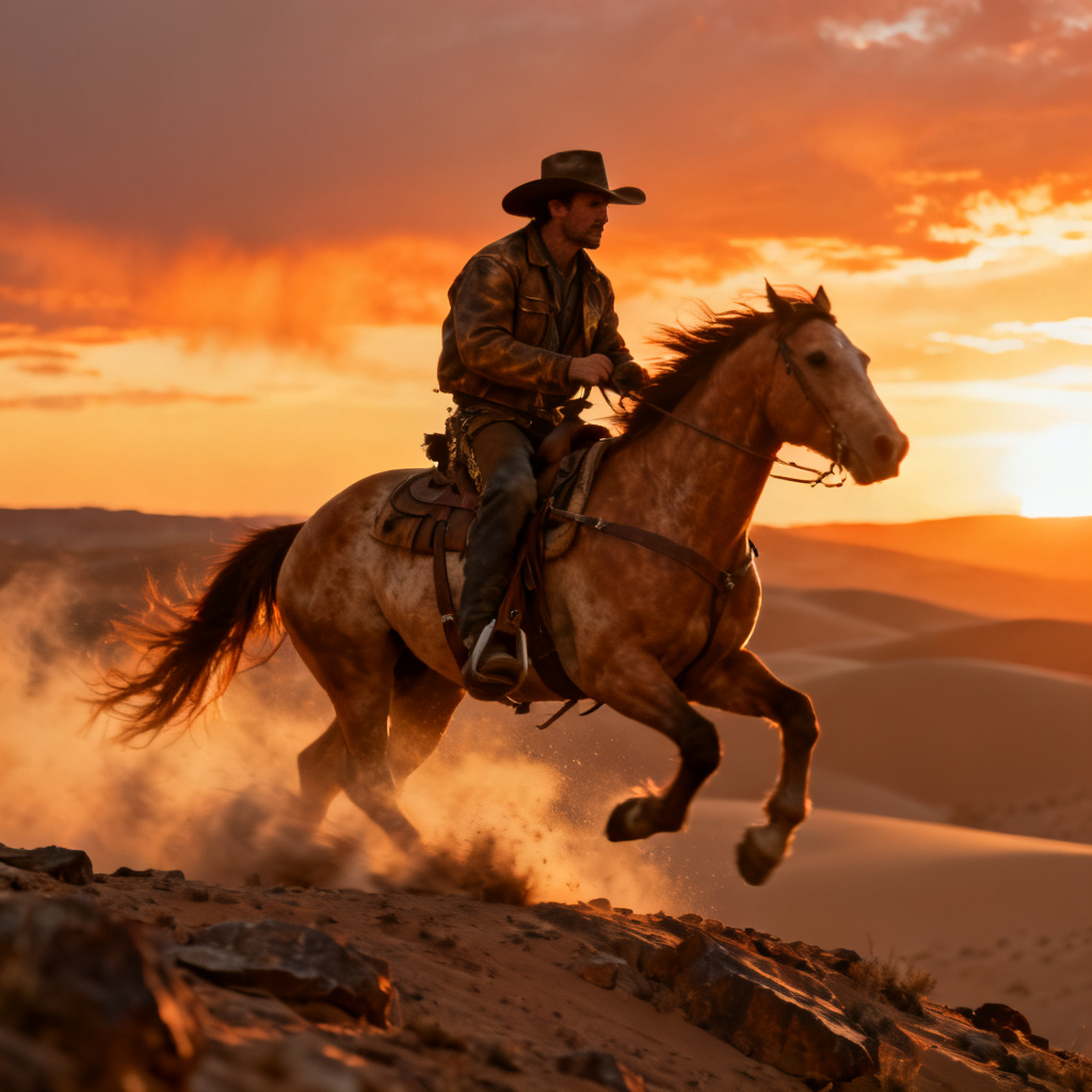 AI horse riding scene with cinematic sunset lighting