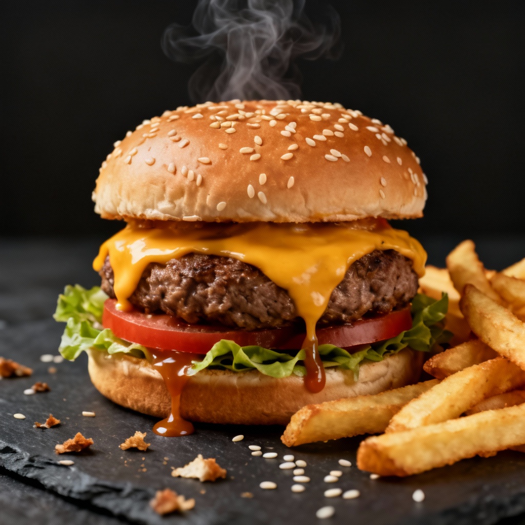 AI-generated gourmet burger on slate with studio lighting
