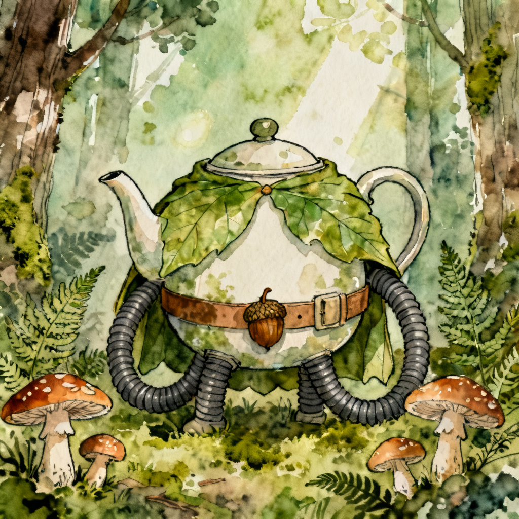 AI Cuphead OC forest guardian teapot with leaf cape