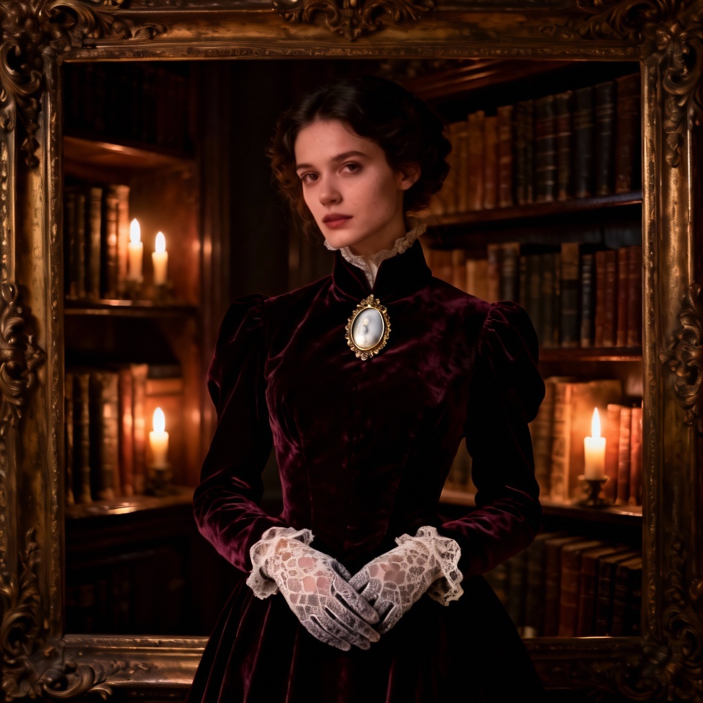 AI victorian goth girlfriend in candlelit library