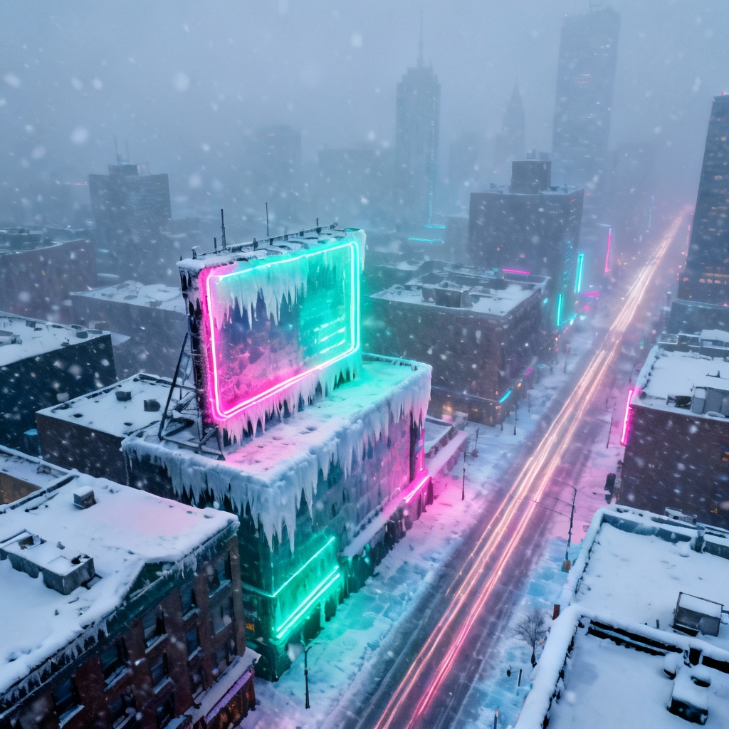 Aerial AI frozen cyberpunk city under blizzard with neon haze