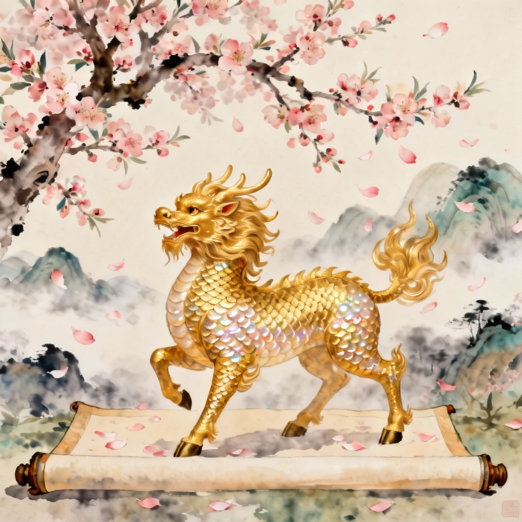 AI Chinese mythical Qilin under peach blossom trees