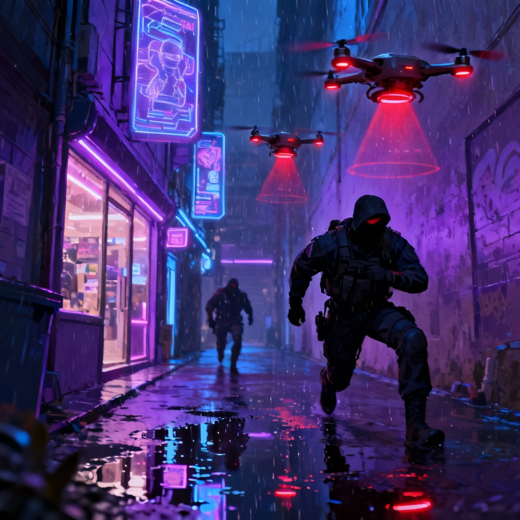 Neon cyberpunk alley infiltration scene
