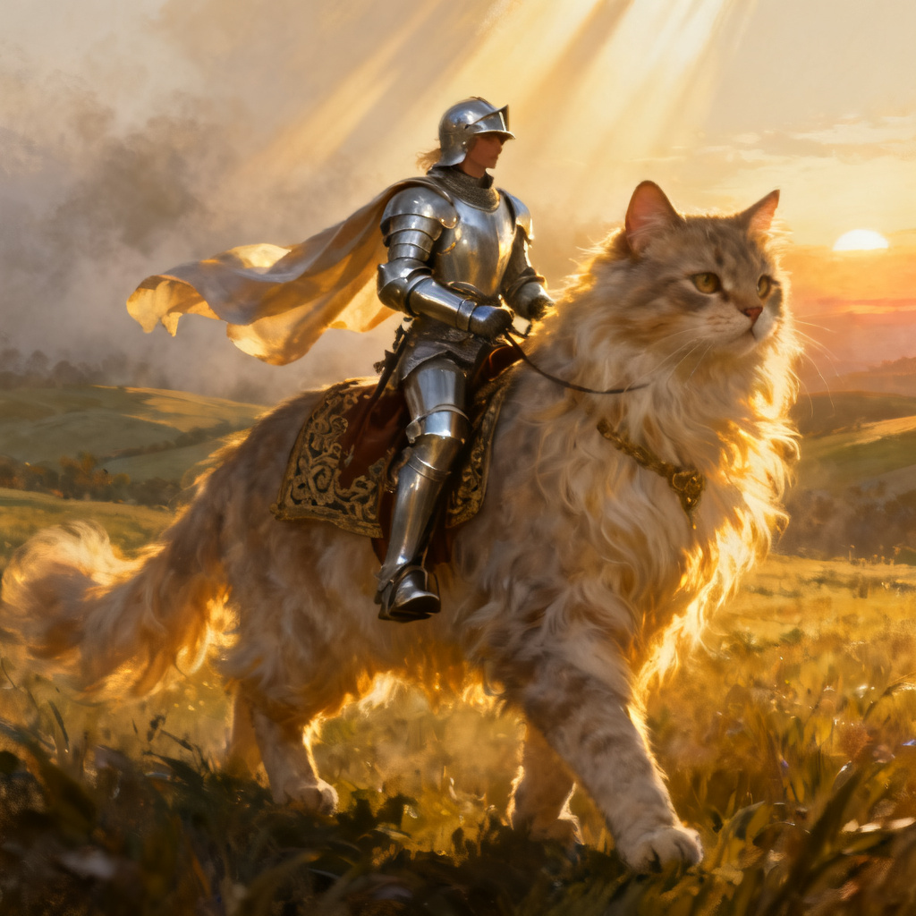 Fantasy knight riding a majestic armored cat in a sunrise field