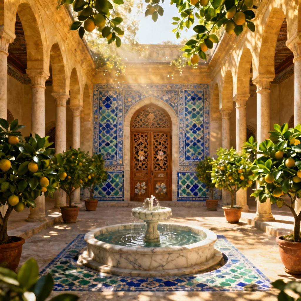 AI Ottoman palace courtyard with arcade and marble fountain