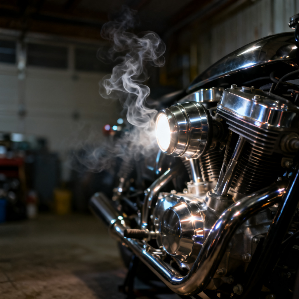 AI cinematic motorcycle reveal in garage
