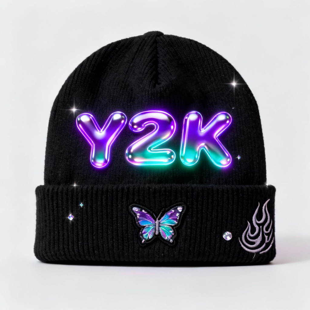 AI Y2K beanie mockup with chrome text and butterfly patch