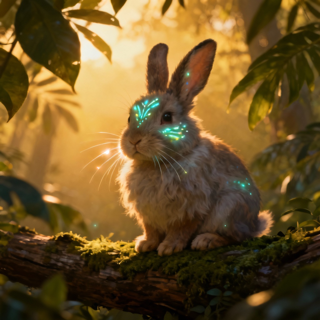 AI Navi pet filter rabbit in glowing dawn jungle